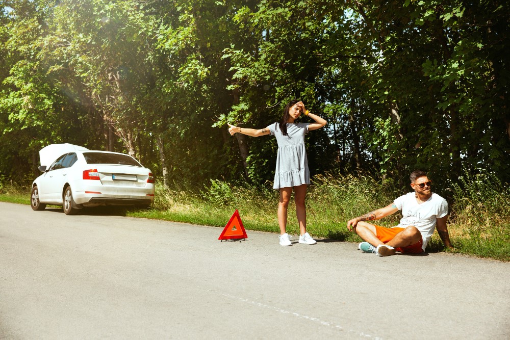 A woman in a light blue dress stands on the side of a road, talking on her phone and gesturing with her other hand. A man in a white shirt and orange shorts is sitting on the ground nearby, leaning against a grassy embankment. A white car with its trunk open is parked on the side of the road, and an orange warning triangle is placed behind the car.