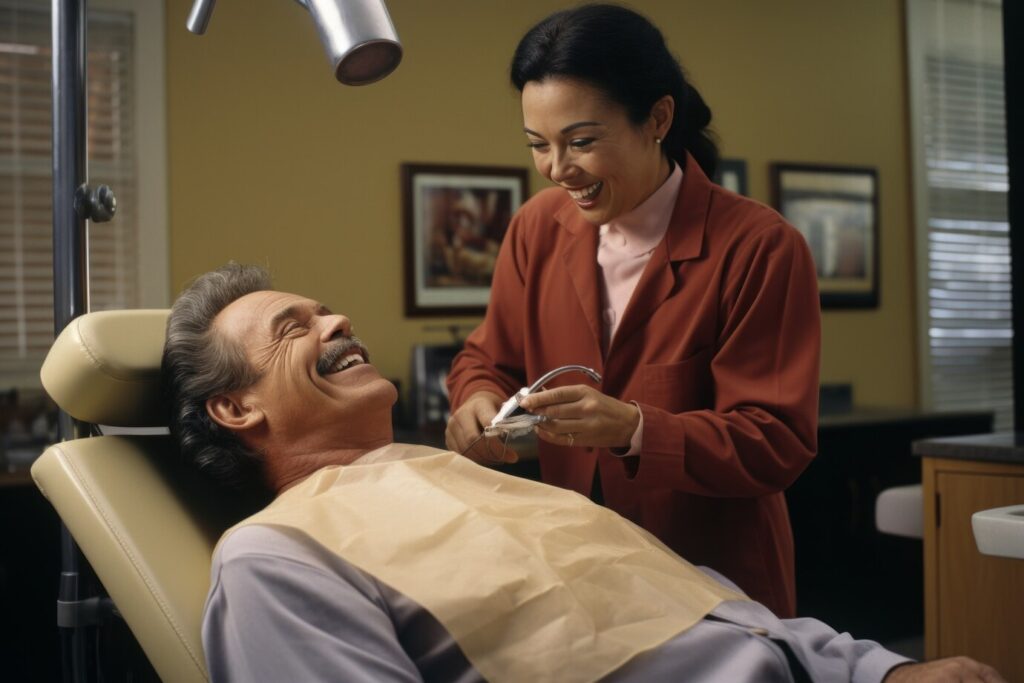 A dental professional in a red coat is attending to a patient lying on a dental chair, holding dental instruments.