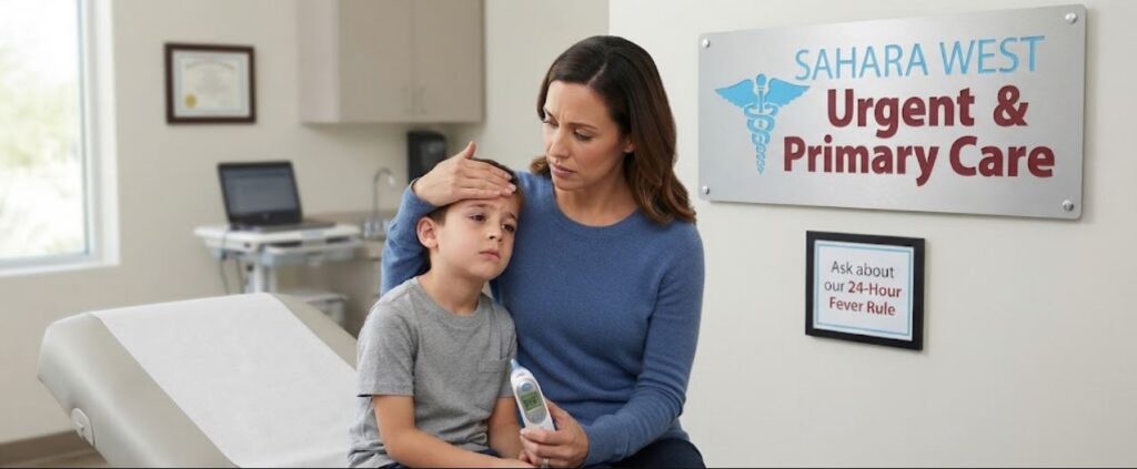 A concerned mother checking her young son's temperature with a digital thermometer in a medical exam room featuring the Sahara West Urgent & Primary Care logo on the wall.