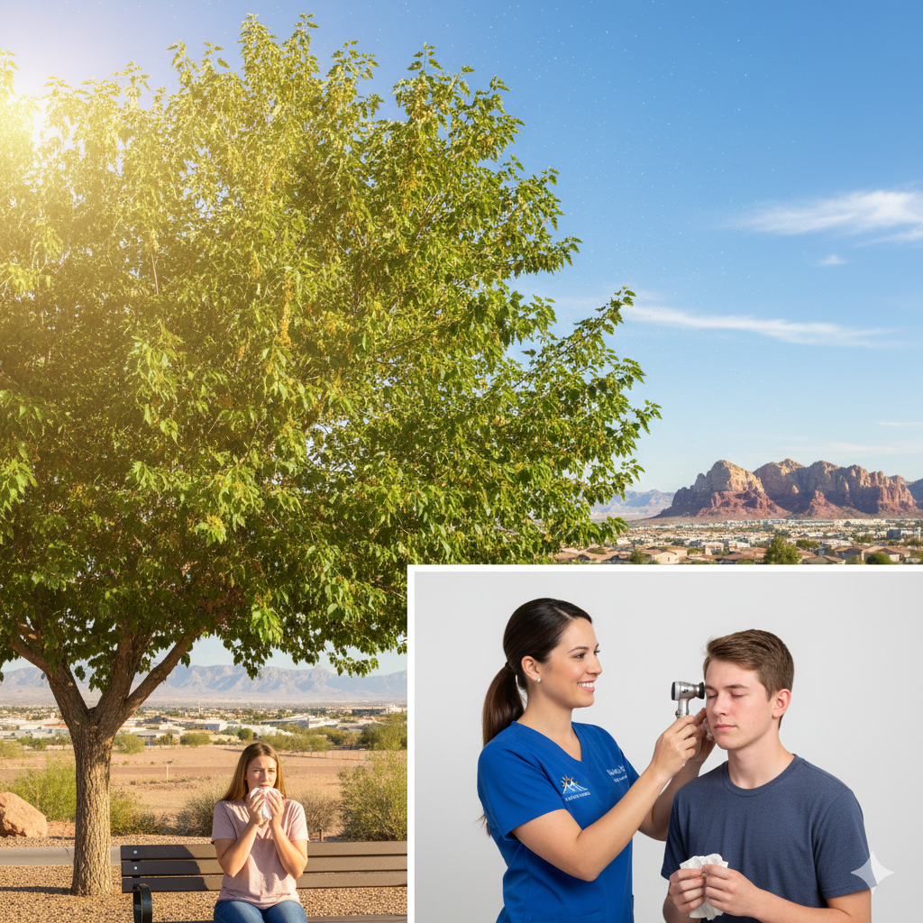 Medical professional examining a patient for ear and sinus pressure caused by Las Vegas spring allergies.