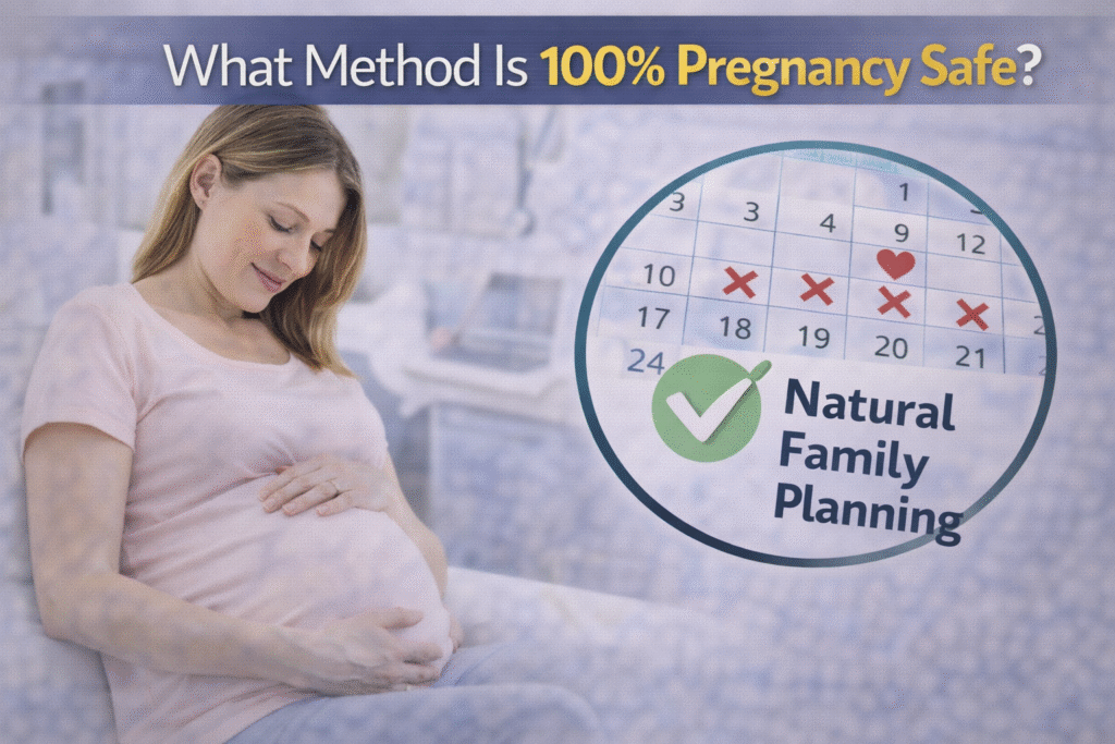 Pregnant woman holding belly with calendar showing natural family planning and text asking what method is 100 percent pregnancy safe.