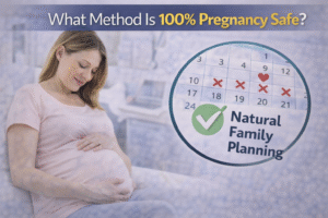 Pregnant woman holding belly with calendar showing natural family planning and text asking what method is 100 percent pregnancy safe.