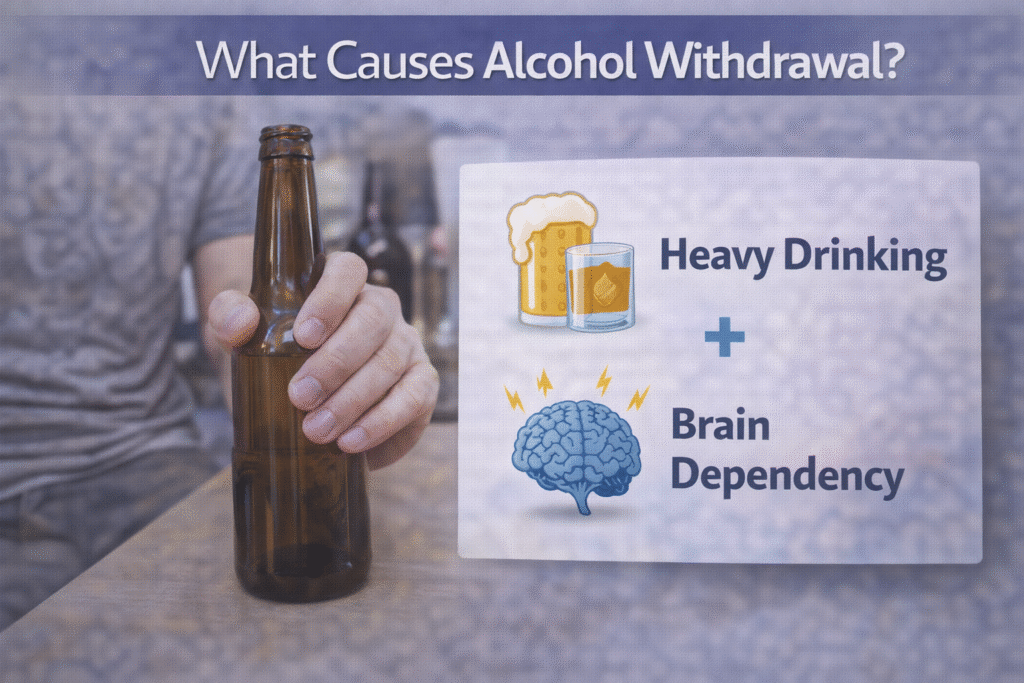 Person holding alcohol bottle with visual icons showing heavy drinking and brain dependency explaining what causes alcohol withdrawal.