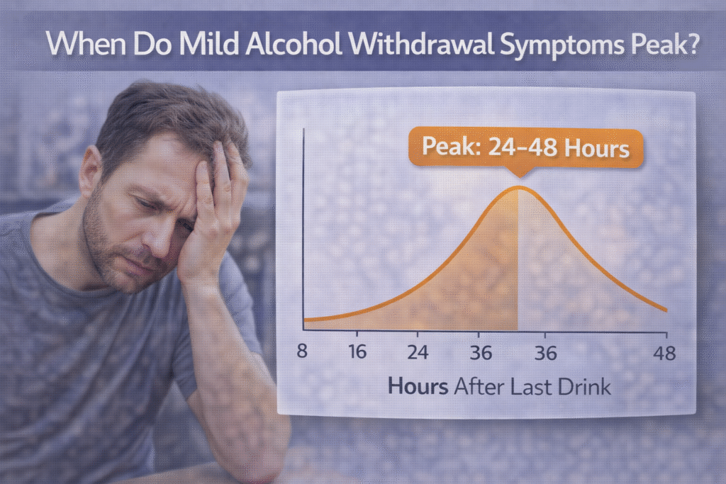 Man holding head with graph showing alcohol withdrawal symptoms peaking 24 to 48 hours after last drink.