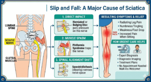 Medical infographic explaining how a slip and fall causes sciatica through herniated discs, muscle spasms, and spinal alignment shifts.