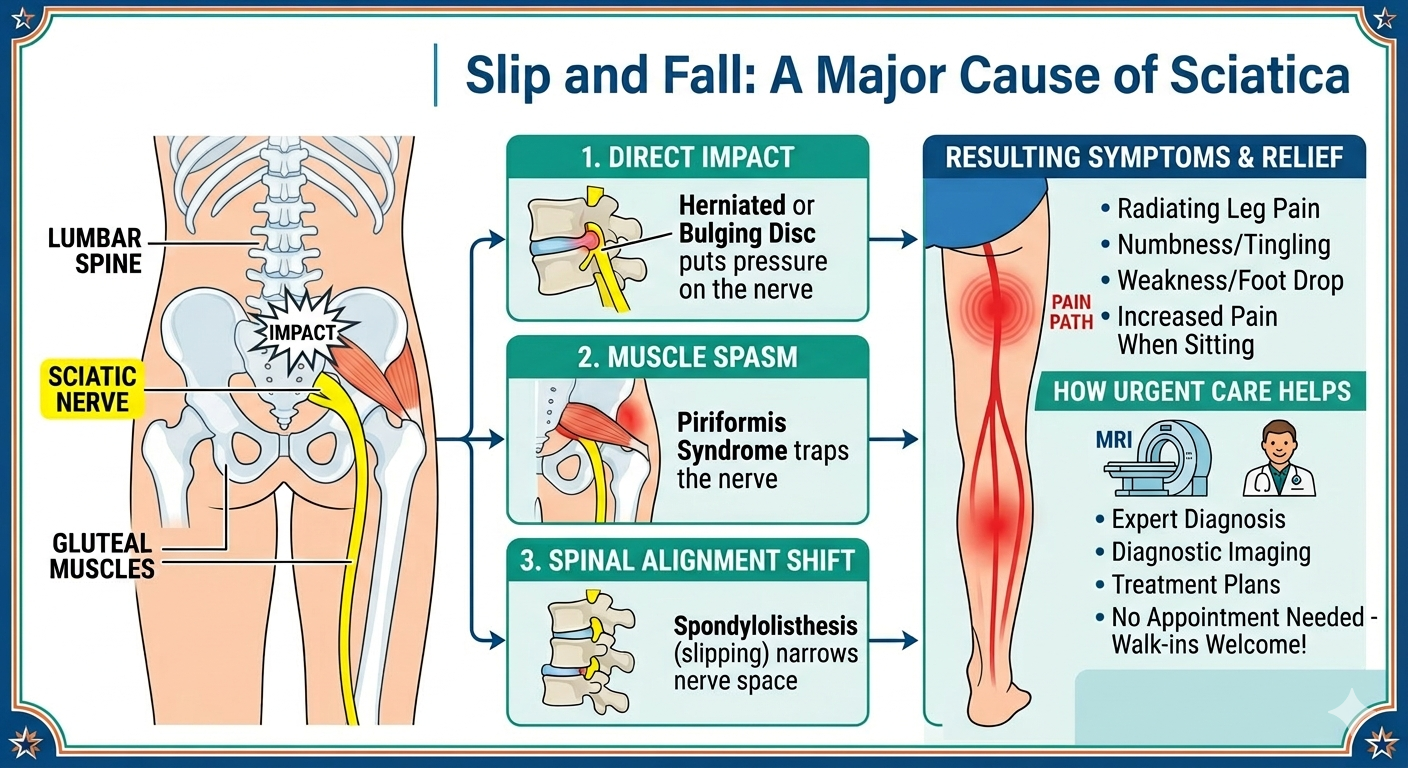 Medical infographic explaining how a slip and fall causes sciatica through herniated discs, muscle spasms, and spinal alignment shifts.