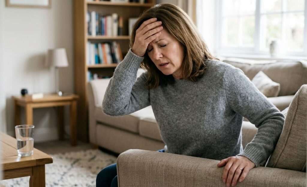 A woman sitting on a sofa in a living room, holding her head and closing her eyes with a worried expression, illustrating the feeling of sudden dizziness and disorientation.