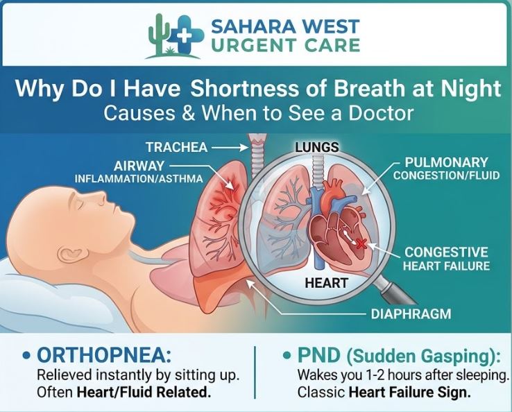 Medical illustration showing causes of nighttime shortness of breath, including heart and lung anatomy, a patient in bed, and definitions for Orthopnea and PND, by Sahara West Urgent Care.
