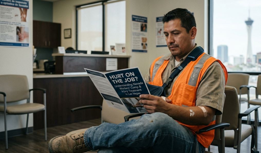 A realistic photo of a construction worker in a high-visibility vest and a shoulder sling, sitting in a doctor's waiting room and reading a brochure with the text, "Hurt on the Job? Understanding Nevada Workers' Comp & Injury Treatment in Las Vegas." The Las Vegas skyline, including the Stratosphere, is visible through a large window.