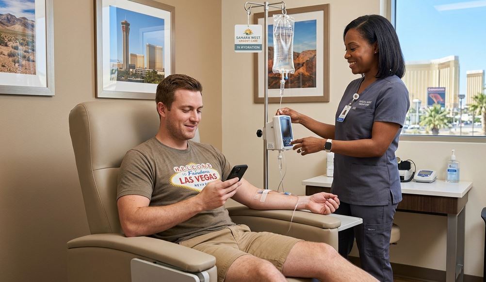 A patient receiving IV hydration therapy from a nurse at Sahara West Urgent Care in Las Vegas, with the Las Vegas skyline visible through the window.