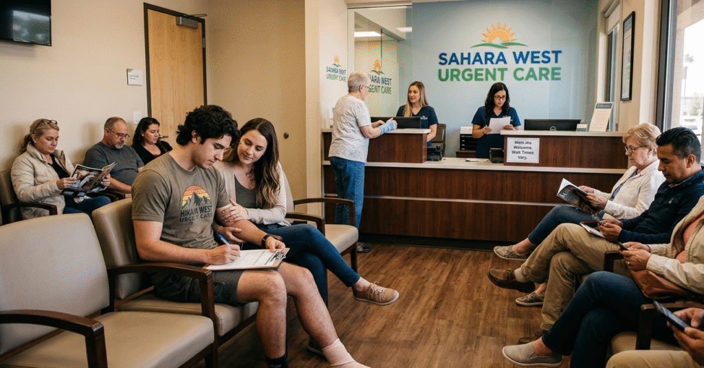 A realistic scene of a modern Las Vegas urgent care waiting room, featuring patients checking in at a front desk with professional staff and a comfortable seating area.