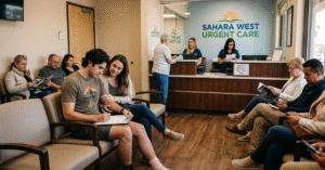 A realistic scene of a modern Las Vegas urgent care waiting room, featuring patients checking in at a front desk with professional staff and a comfortable seating area.