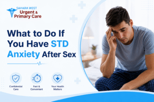 Worried man sitting on bed experiencing STD anxiety after sex with Sahara West Urent & Primary Care branding and confidential STD testing message.
