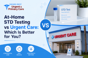 Infographic comparing at-home STD testing kit with Sahara West Urgent Care clinic exterior in Las Vegas, featuring the text 'At-Home STD Testing vs Urgent Care: Which Is Better for You?' and the brand logo.