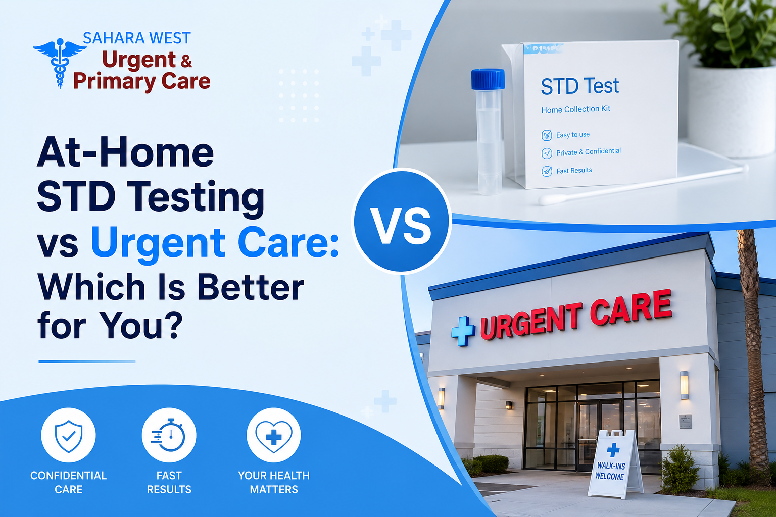 Infographic comparing at-home STD testing kit with Sahara West Urgent Care clinic exterior in Las Vegas, featuring the text 'At-Home STD Testing vs Urgent Care: Which Is Better for You?' and the brand logo.