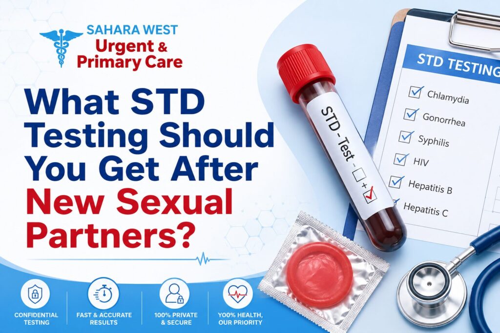 Professional STD testing banner by Sahara West Urent Care featuring blood test tube, checklist, and sexual health screening information for new sexual partners.