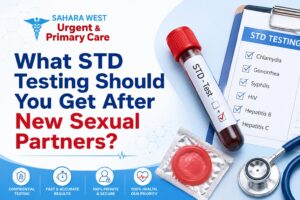 Professional STD testing banner by Sahara West Urent Care featuring blood test tube, checklist, and sexual health screening information for new sexual partners.
