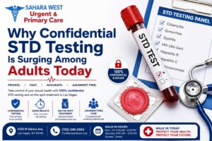 Confidential STD testing promotional banner by Sahara West Urgent Care featuring STD test tube, testing panel checklist, medical equipment, and private sexual health screening services in Las Vegas.