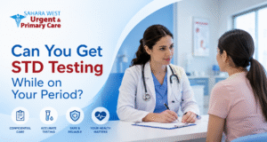 Female doctor consulting patient about STD testing during menstruation at Sahara West Urgent & Primary Care in Las Vegas