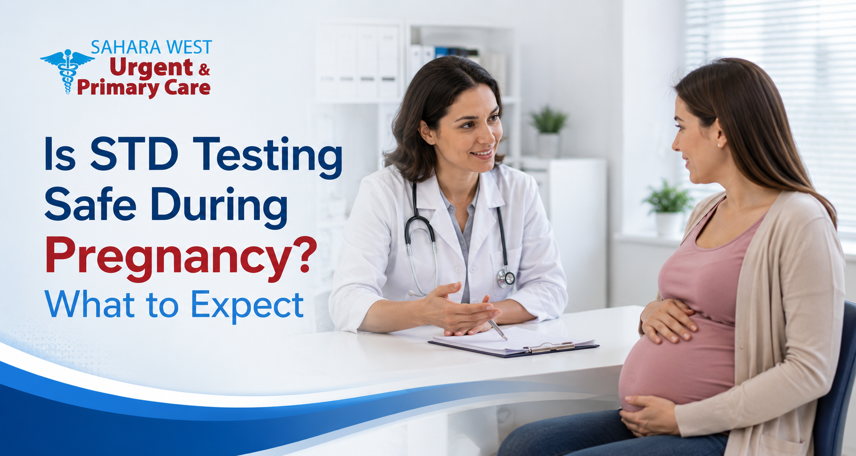 Pregnant woman speaking with doctor about safe STD testing during pregnancy at Sahara West Urgent & Primary Care