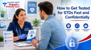 Pregnant woman consulting with a doctor about safe STD testing during pregnancy at Sahara West Urgent Care in Las Vegas.