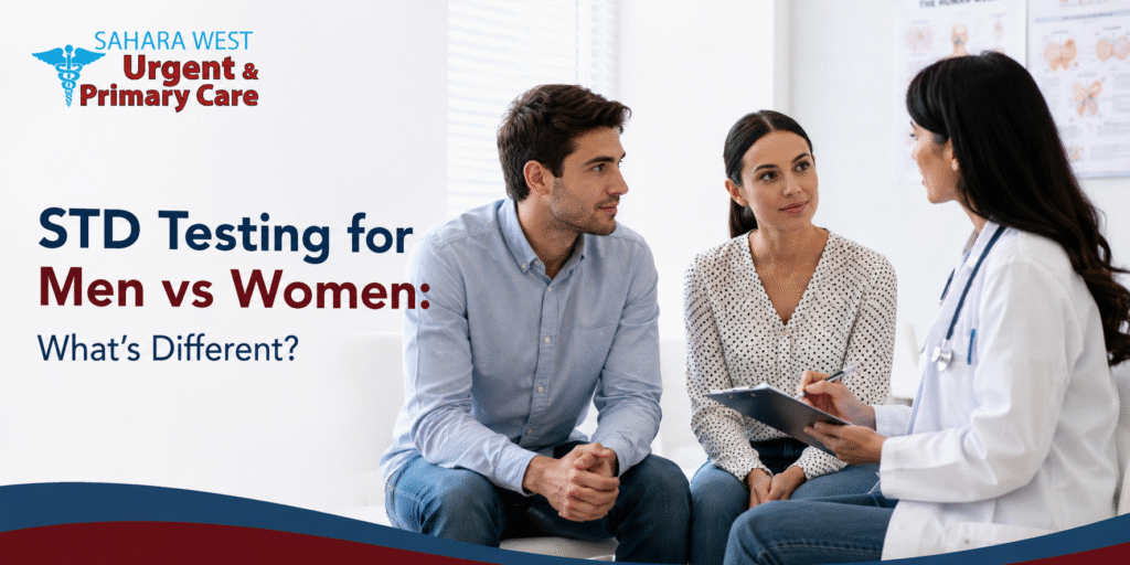 Doctor consulting with a man and woman about STD testing at Sahara West Urent & Primary Care clinic in Las Vegas.