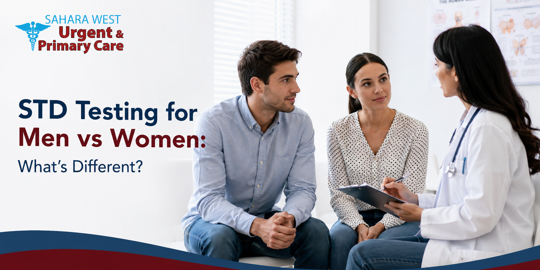 Doctor consulting with a man and woman about STD testing at Sahara West Urent & Primary Care clinic in Las Vegas.