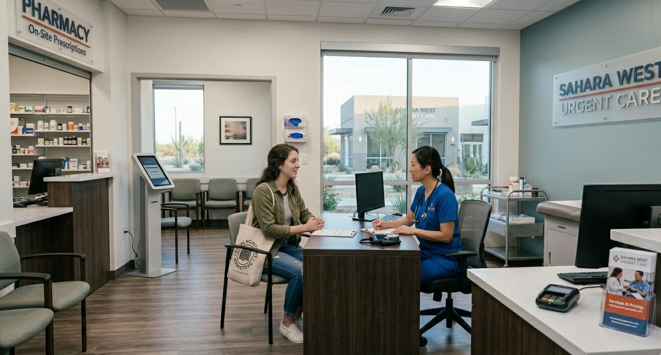 A confidential medical consultation for STD testing and same-day treatment between a patient and a healthcare provider at Sahara West Urgent Care in Las Vegas.