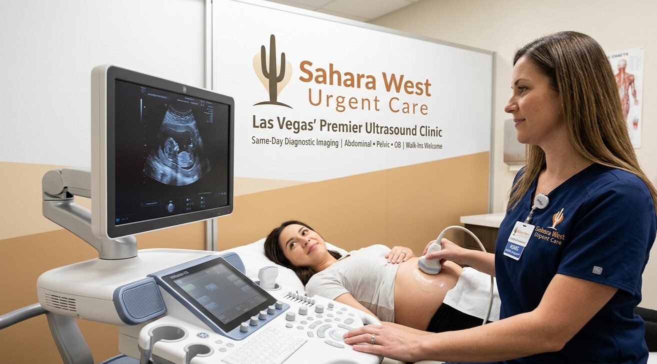 A sonographer at Sahara West Urgent Care in Las Vegas performs a prenatal diagnostic ultrasound on a patient, with a large wall graphic confirming "Las Vegas' Premier Ultrasound Clinic" and available services.