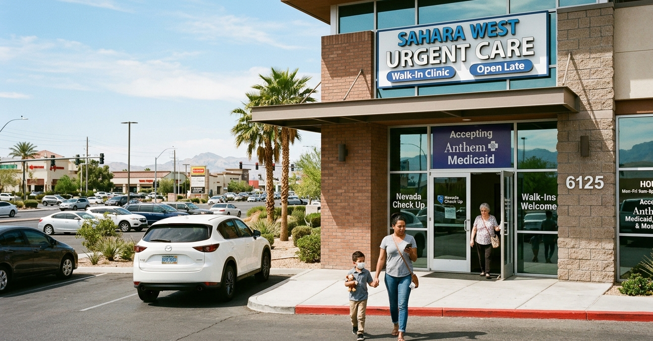 An exterior photograph of the Sahara West Urgent Care facility in Las Vegas on a sunny day. A mother and child are walking toward the camera from the main entrance. Signs prominently display 'Accepting Anthem Medicaid' and 'Nevada Check Up.'