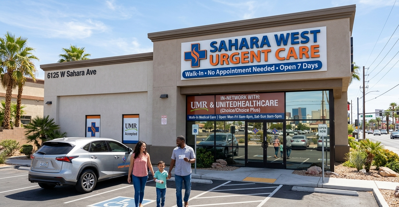 Exterior of Sahara West Urgent Care clinic at 6125 W Sahara Ave in Las Vegas, featuring prominent signage for walk-in medical services and accepted UMR and UnitedHealthcare insurance networks.
