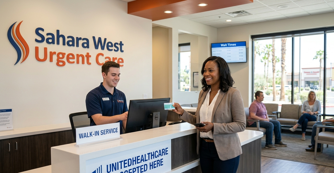 A patient checks in at Sahara West Urgent Care in Las Vegas, handing her UnitedHealthcare insurance card to a smiling male receptionist at a modern medical front desk with a prominent sign reading "UnitedHealthcare Accepted Here."