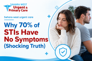 Sahara West Urgent Care graphic explaining why 70% of STIs have no symptoms, featuring a concerned couple and information about silent sexually transmitted infections.