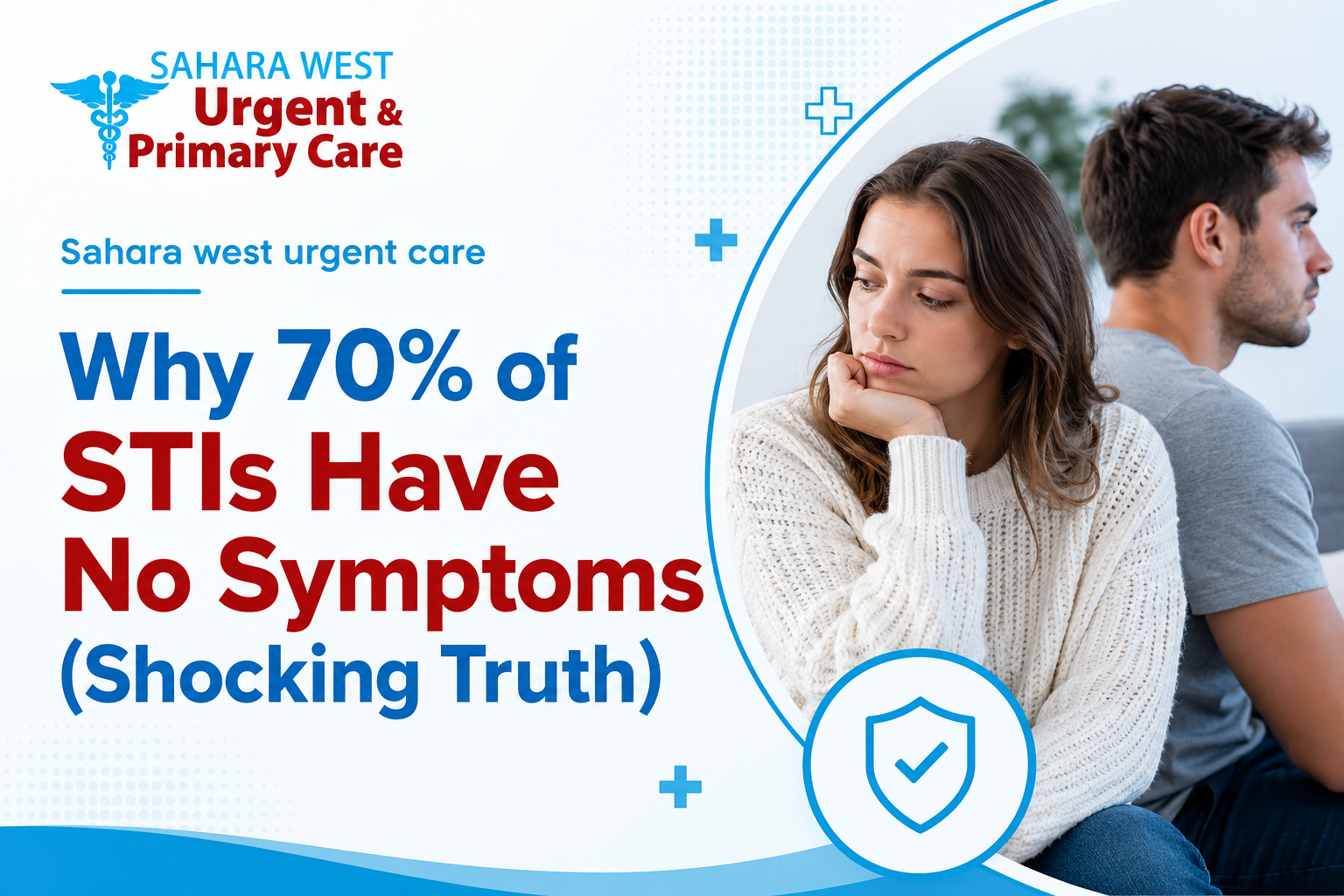 Sahara West Urgent Care graphic explaining why 70% of STIs have no symptoms, featuring a concerned couple and information about silent sexually transmitted infections.