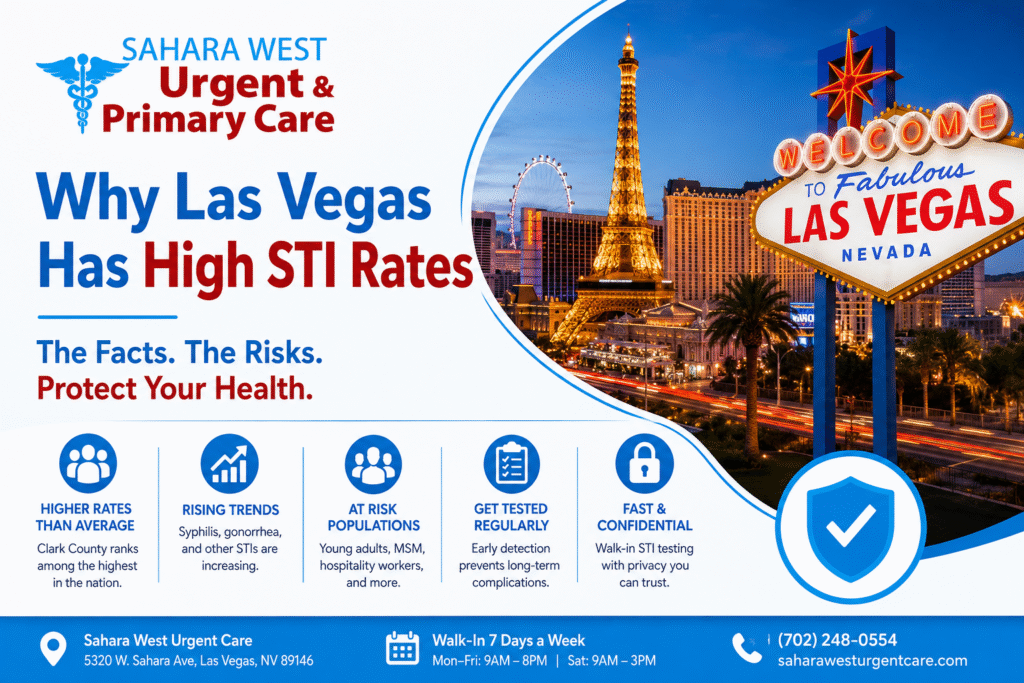Sahara West Urgent Care infographic explaining why Las Vegas has high STI rates, featuring the Las Vegas Strip, Welcome to Las Vegas sign, STI statistics, risk factors, and confidential testing information.