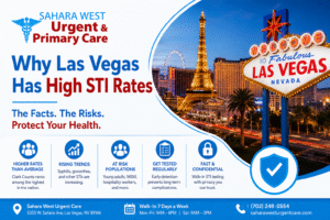 Sahara West Urgent Care infographic explaining why Las Vegas has high STI rates, featuring the Las Vegas Strip, Welcome to Las Vegas sign, STI statistics, risk factors, and confidential testing information.