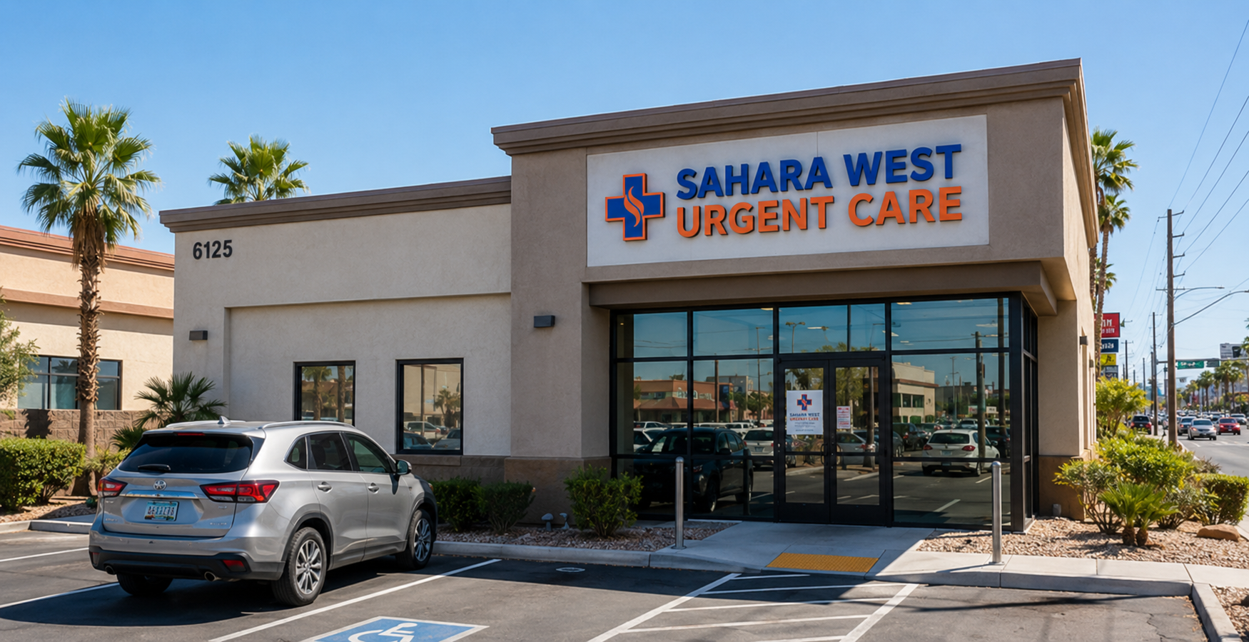 Exterior view of Sahara West Urgent Care walk-in clinic at 6125 W Sahara Ave in Las Vegas, accepting Molina health insurance.