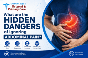 Patient holding abdomen with highlighted digestive organs, illustrating the hidden dangers of ignoring abdominal pain, featured by Sahara West Urgent & Primary Care.