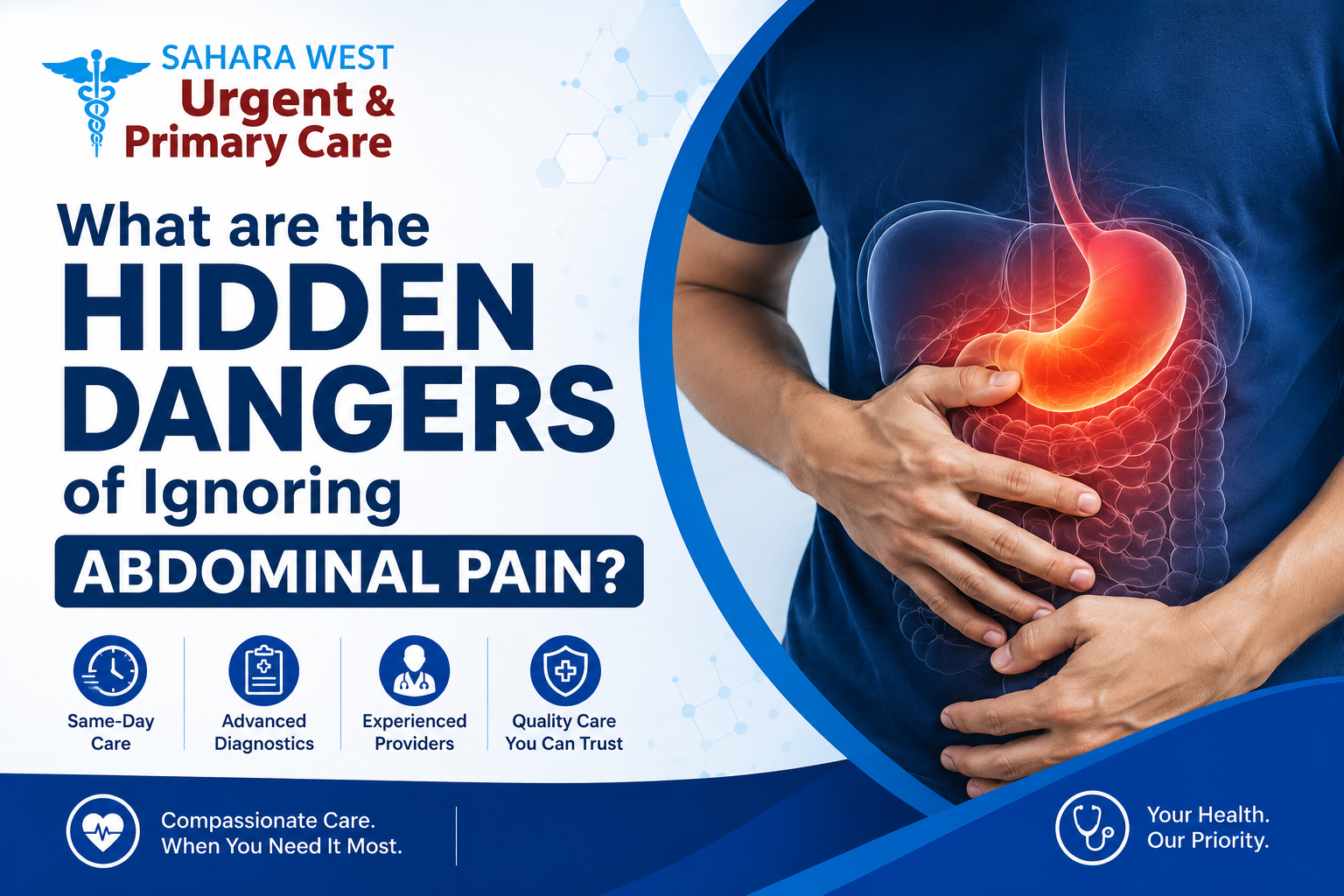 Patient holding abdomen with highlighted digestive organs, illustrating the hidden dangers of ignoring abdominal pain, featured by Sahara West Urgent & Primary Care.