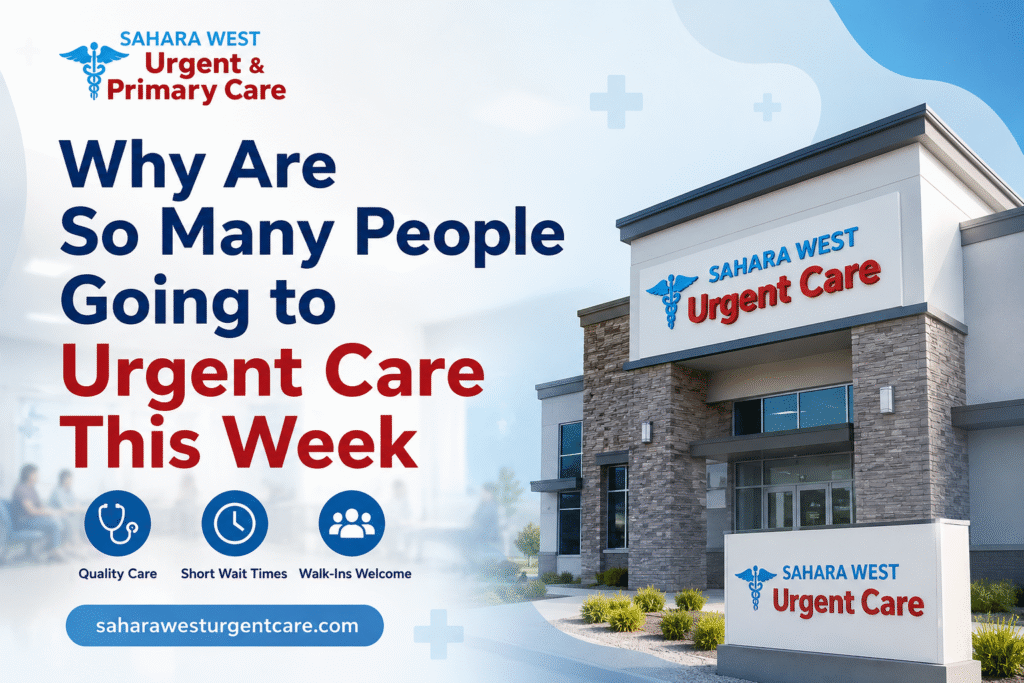 Sahara West Urgent Care promotional image with the title "Why Are So Many People Going to Urgent Care This Week?" featuring the clinic logo, urgent care facility building, and icons representing quality care, short wait times, and walk-in services in Las Vegas.