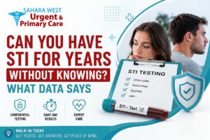 A professional blog feature image for Sahara West Urgent & Primary Care with the text 'Can You Have STI For Years Without Knowing? What Data Says'. The design uses the brand's signature blue and dark red colors, featuring a medical clipboard showing an STI testing checklist next to a couple looking thoughtful.