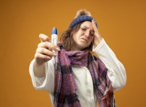 Young woman wearing winter clothing and a scarf, holding a thermometer and touching her forehead while experiencing fever and flu symptoms.