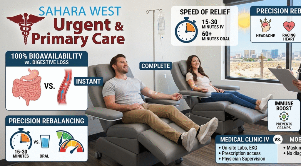 An infographic detailing the benefits of IV hydration therapy over oral hydration at Sahara West Urgent Care in Las Vegas, highlighting 100% bioavailability, 15 to 30 minute speed of relief, prescription additives like Zofran, and physician-supervised clinical safety vs mobile IV spas.