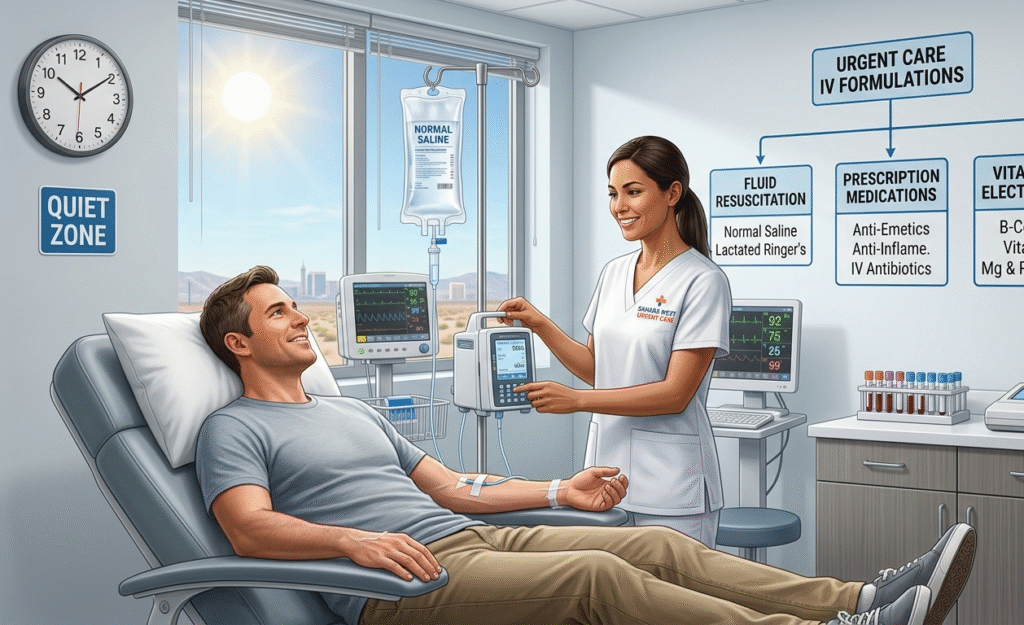 A medical provider administering an IV drip to a relaxed male patient in a bright, fully equipped clinical room at Sahara West Urgent Care, featuring an overlay chart that categorizes urgent care IV formulations into fluid resuscitation, prescription medications, and vitamins and electrolytes.