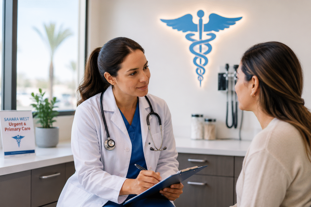 Doctor consulting with a patient inside Sahara West Urgent Care & Primary Care clinic in Las Vegas for non-emergency medical treatment.