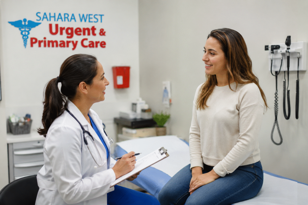 Doctor consulting with a patient inside Sahara West Urgent & Primary Care clinic for treatment of common illnesses and minor injuries.