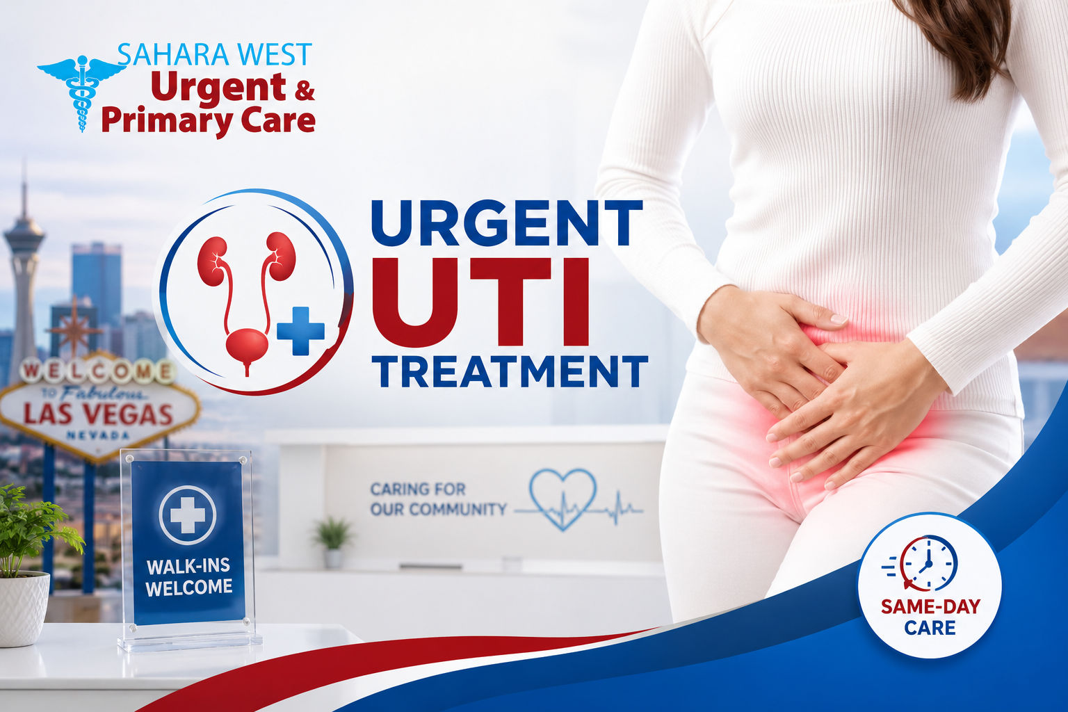 Woman experiencing urinary tract infection symptoms with Sahara West Urgent Care branding for fast walk-in UTI treatment in Las Vegas, NV.