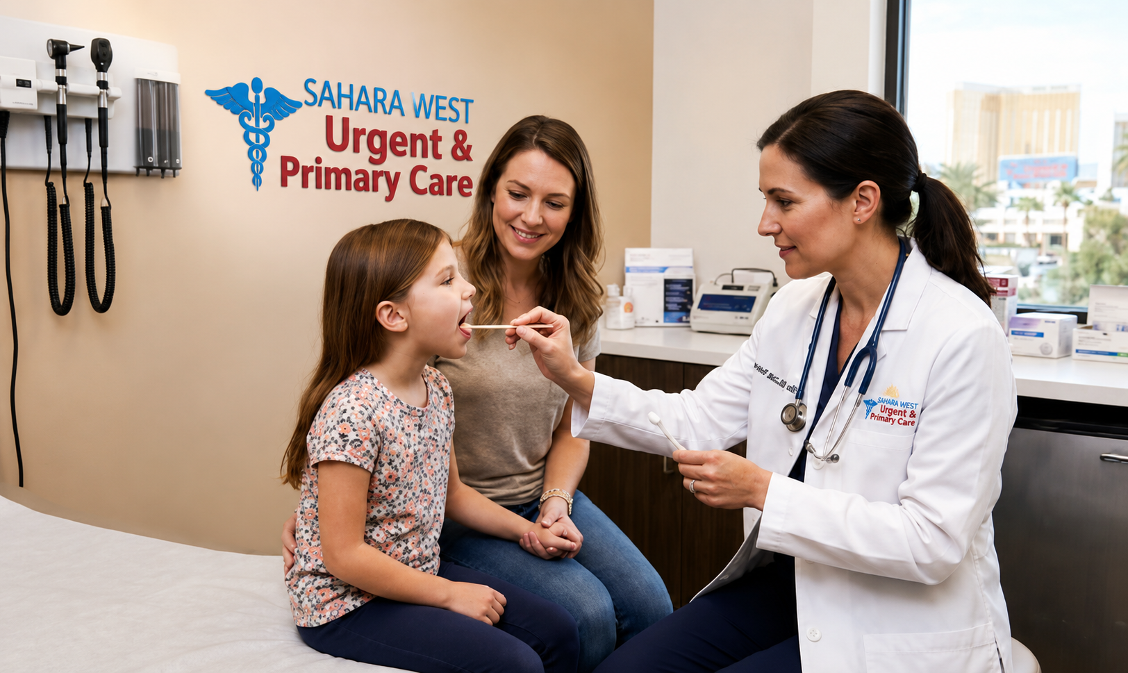 Doctor performing a strep throat swab test on a child at Sahara West Urgent & Primary Care in Las Vegas with a parent present.