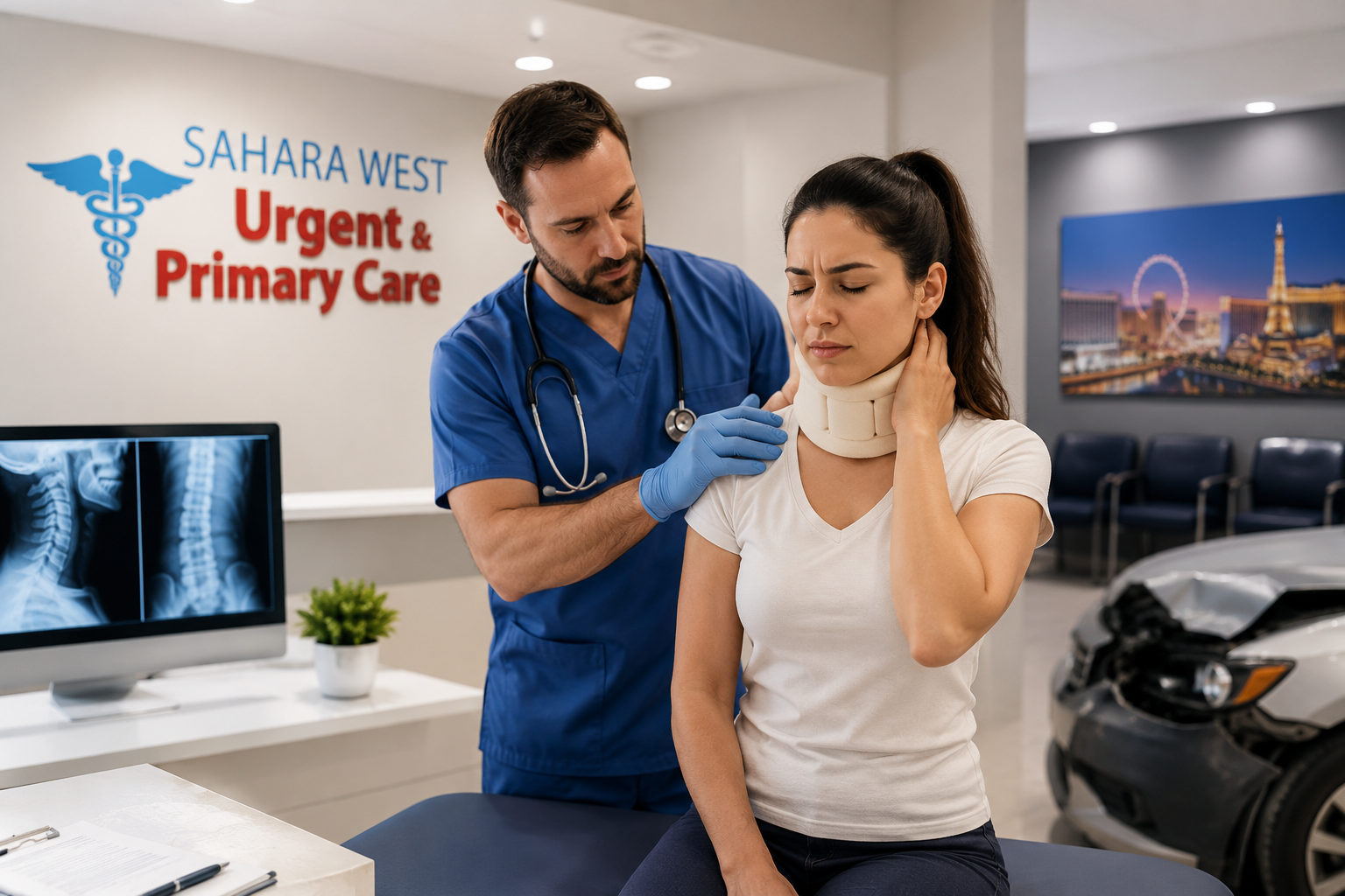 Doctor examining a patient with a neck injury after a car accident at Sahara West Urgent & Primary Care in Las Vegas, providing walk-in auto injury treatment and on-site diagnostic imaging.