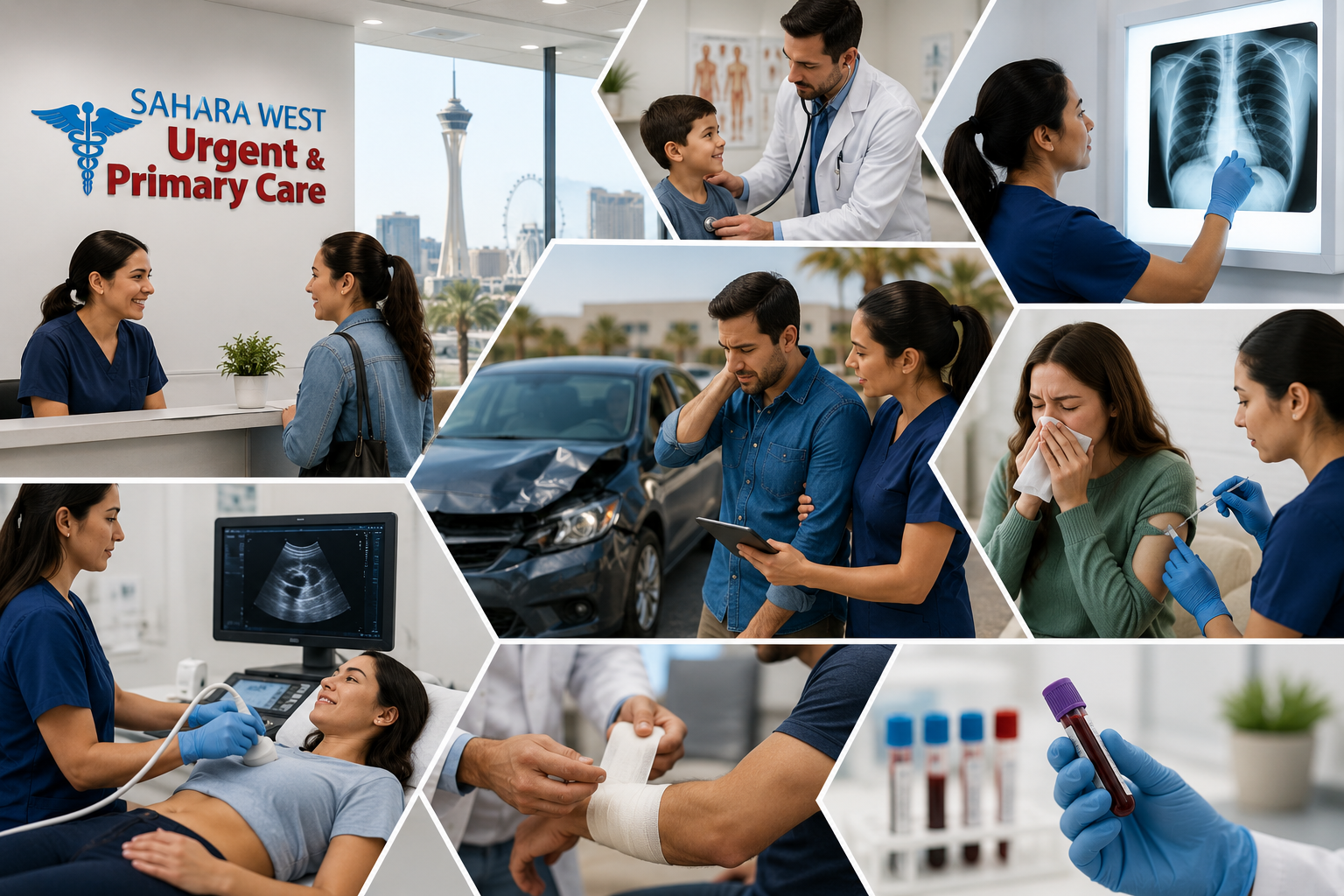Collage of healthcare services at Sahara West Urgent & Primary Care in Las Vegas, featuring urgent care, primary care, X-rays, ultrasound, allergy treatment, wound care, car accident medical care, and diagnostic testing.